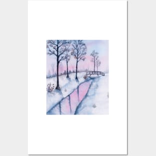 Winter landscape Christmas watercolor Posters and Art